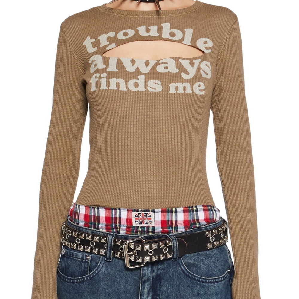 Dolls Kill Trouble Always Finds Me Thermal Olive Green Cutout top - Picture 2 of 2